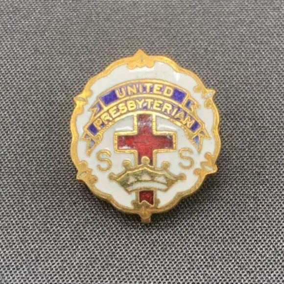 United Presbyterian Pin Vintage Sunday School Enamel Pinback Cross & Crown - Picture 1 of 5